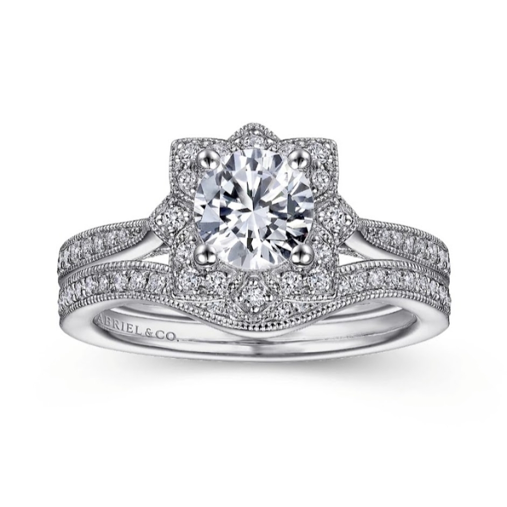 14k White Gold Natural Diamond Engagment Ring and Wedding Band Set Size 5.75